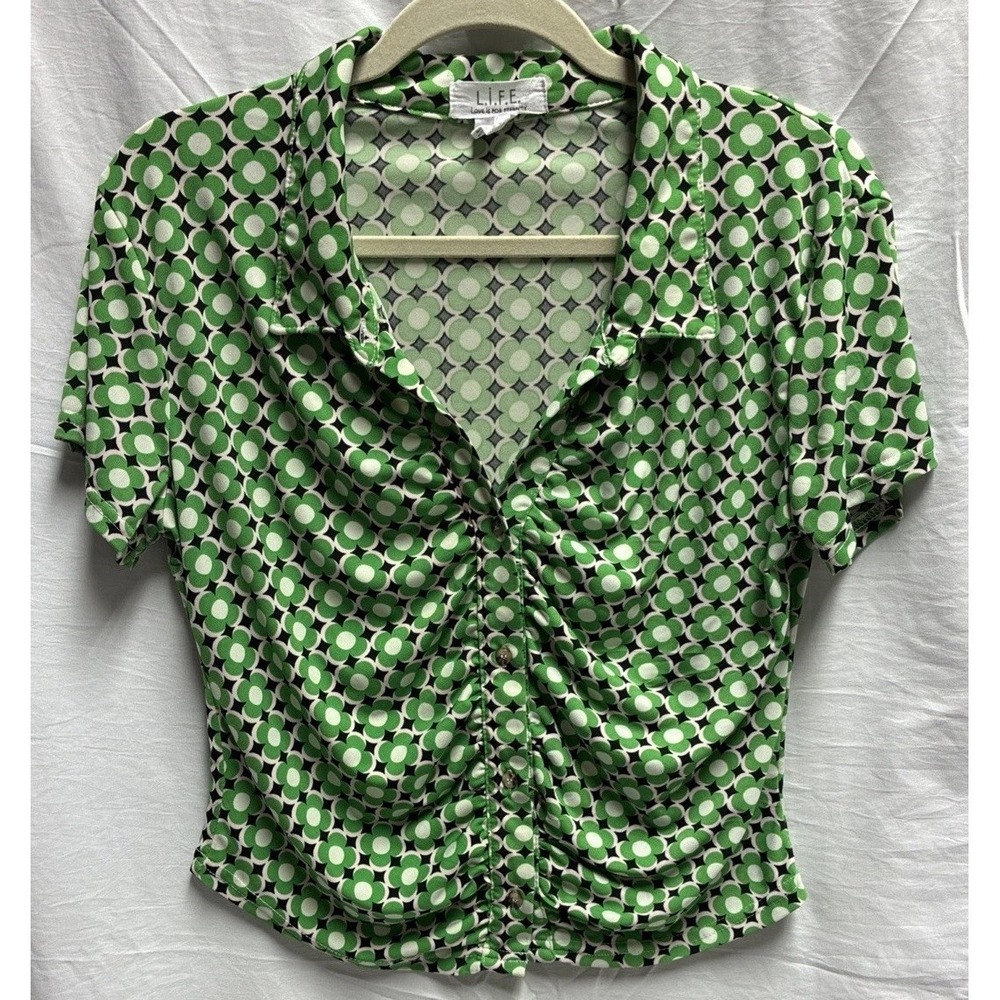 L.i.f.e. Love is For Eternity Retro Mod Floral Geometric Button Front Blouse SzL